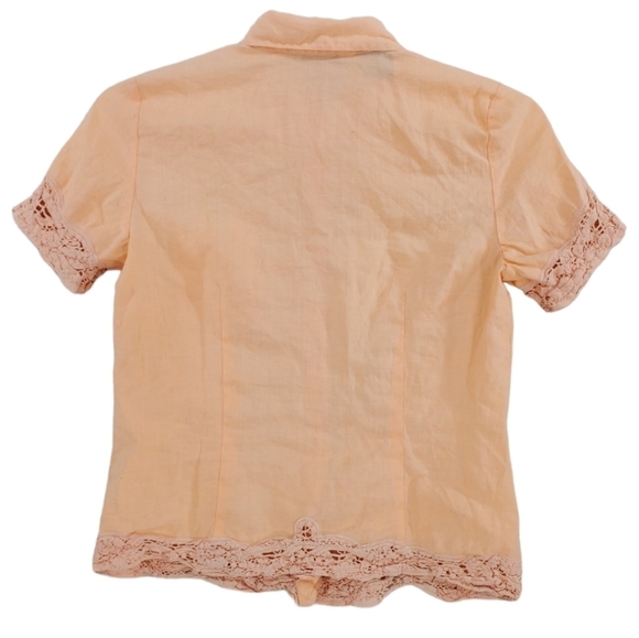 Edward Blouse M Peach Irish Linen Button Up SS Lace Embroidery Cottage Neutral - Picture 4 of 10
